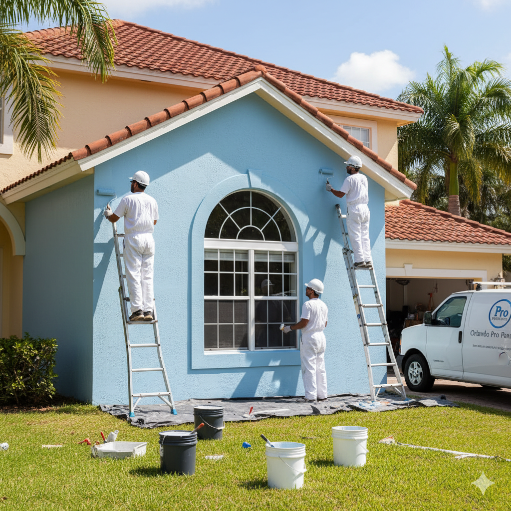 painters applying fresh paint on the exterior of Orlando Home